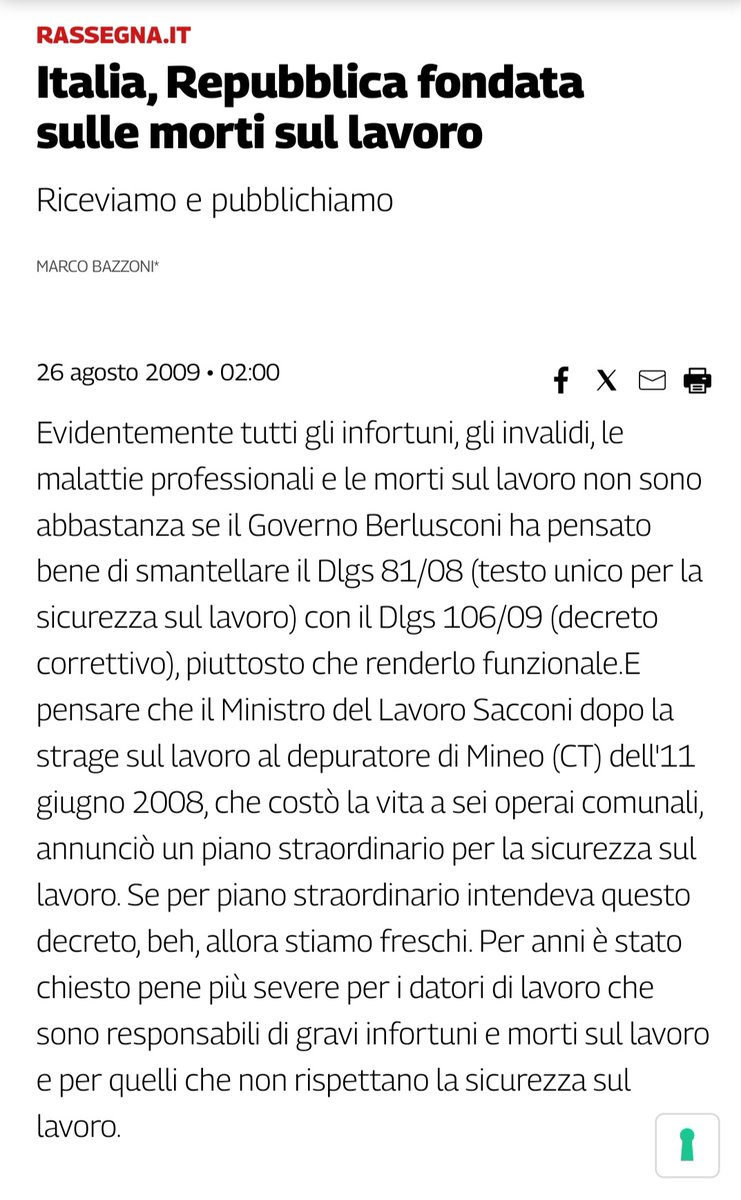 Vi sblocco un ricordo: era il 2009: 'Italia, Repubblica fondata sulle #mortisullavoro'. Il 4° #GovernoBerlusconi ha smantellato il Dlgs 81/08 (T.U. per la #sicurezzasullavoro) con il Dlgs 106/09 (decreto correttivo). Siamo nel 2024 e non è cambiato nulla!!
collettiva.it/archivio-stori…