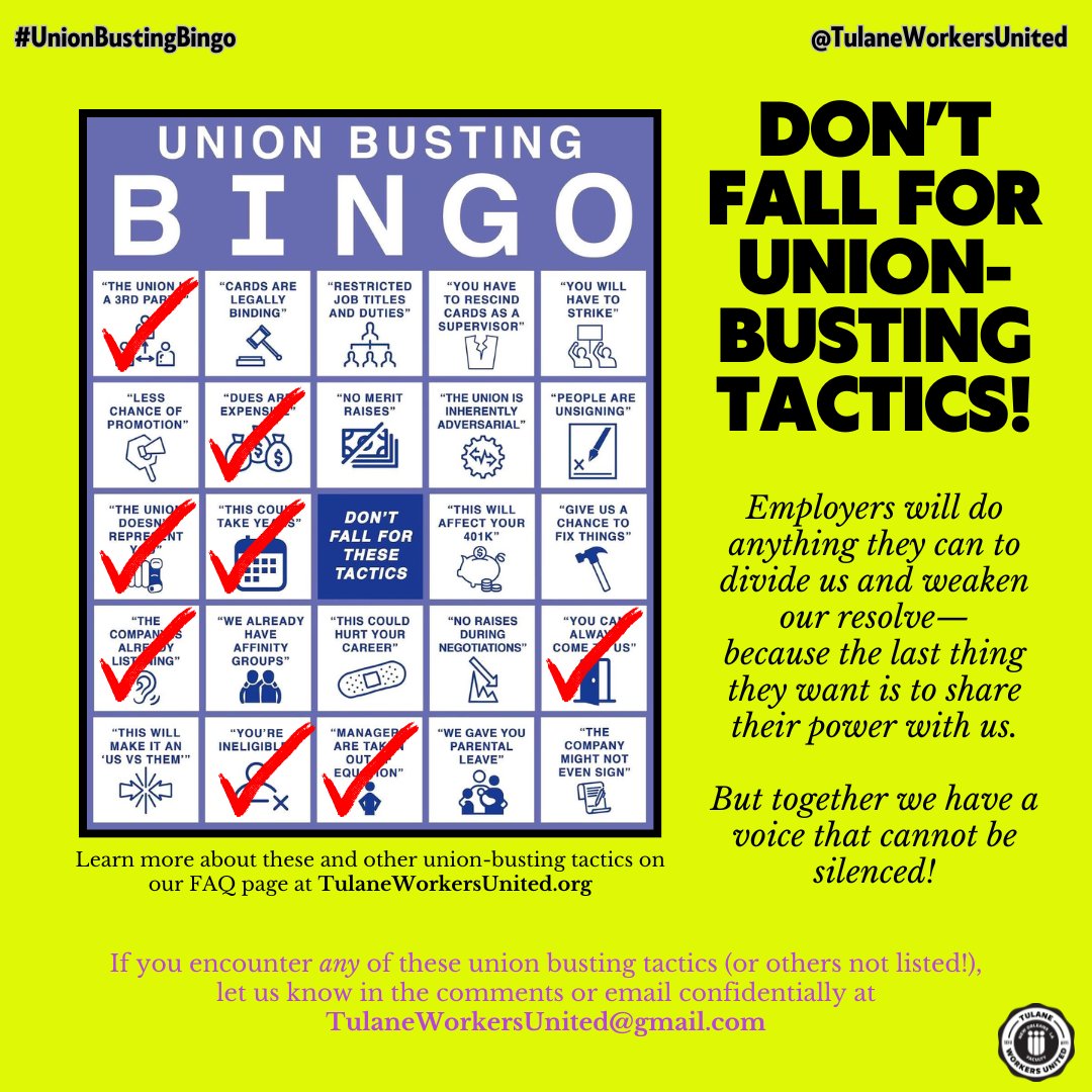 TulaneWorkersU's tweet image. UNION BUSTING BINGO!
Episode 2: May Day Union Busting

This International Workers’ Day, Tulane admin (aided by their expensive union-busting law firm, Ogletree Deakins) launched their “labor information” website—and our bingo card is filling out fast!

#UnionBustingIsDisgusting