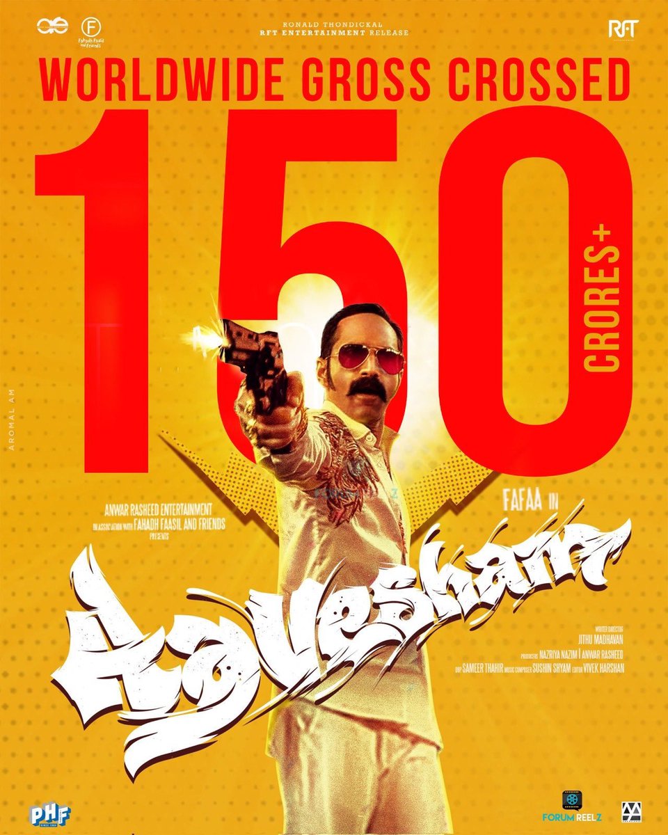 The movie is making noise for all the right reasons. #Aavesham starring #FahadhFaasil registered ₹150 cr. worldwide gross and we’re not surprised at all.