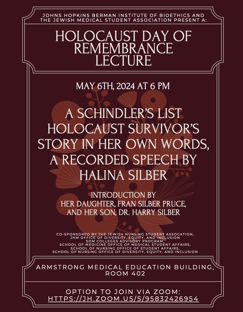TODAY, 6p: A Schindler's List Holocaust Survivor's Story in Her Own Words, A Recorded Speech by Halina Silber. Intro by her daughter Fran Silber Pruce & son Harry Silber | Holocaust Day of Remembrance Lecture. Open to all, Join in person or online: mailchi.mp/jhu/y61ihduuym…