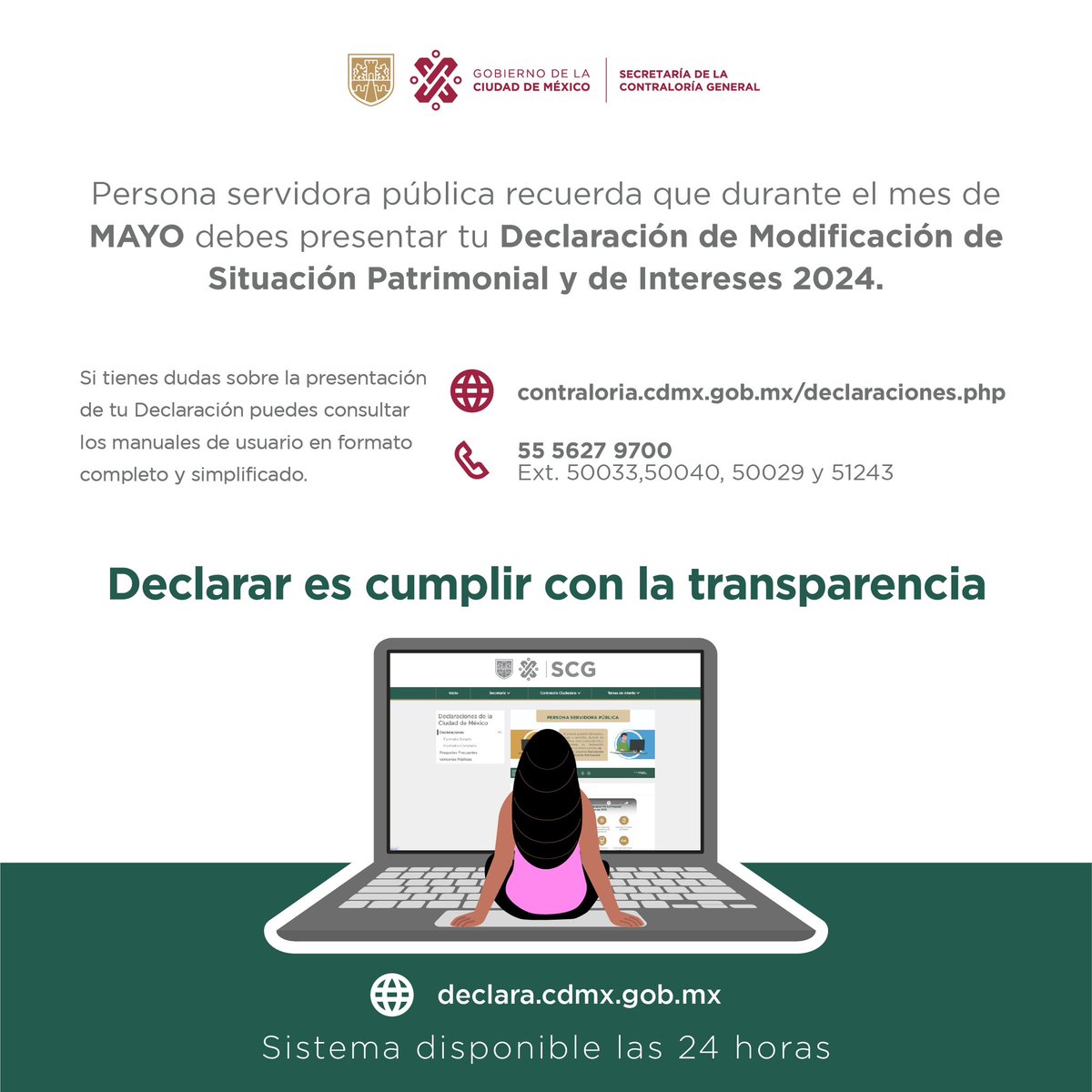 #QueNoSeTePase ➡️ En mayo, lo primero es cumplir. Presenta tu #DeclaraciónPatrimonial y de Intereses 2024, en tiempo y forma. ✅ Si tienes dudas, consulta 👇🏼