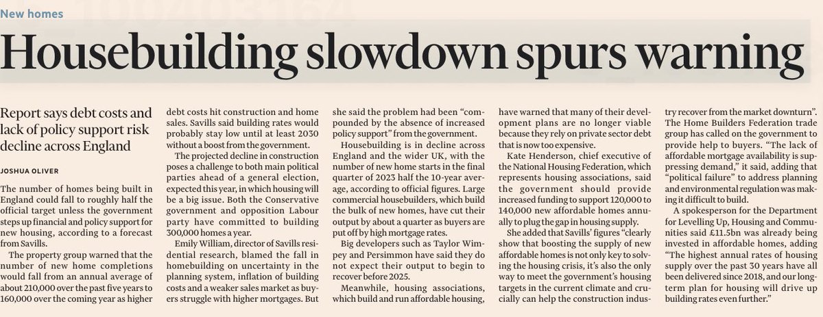 Housebuilder’s bullsh*t pt97 @FT Savills claim only 160k new homes built annually on average, blaming “planning uncertainty” and demanding govt subsidy.   But they sit on 1.1m unbuilt ‘certain’ permissions! Profits 2022: Barrett £1.3bn, Persimmon £1bn! How do they do this?🧵