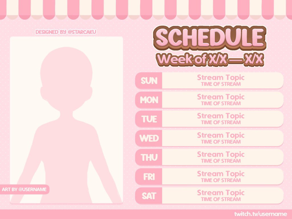 Here’s a FREE TO USE stream schedule base I made! Please DM me to use it! ✨

More information below… ↓
#freetouse #streamassets