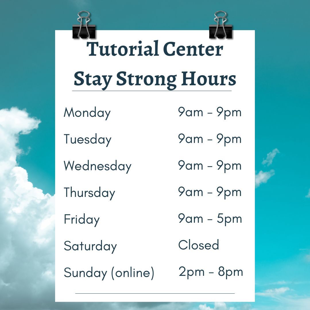Clovis_TC's tweet image. The Tutorial Center has extended hours for Stay Strong week! We&apos;re open until 9pm tonight, so swing by if you need any help with your assignments or essays.

#staystrongweek #clovistutorialcenter #cloviscommunitycollege