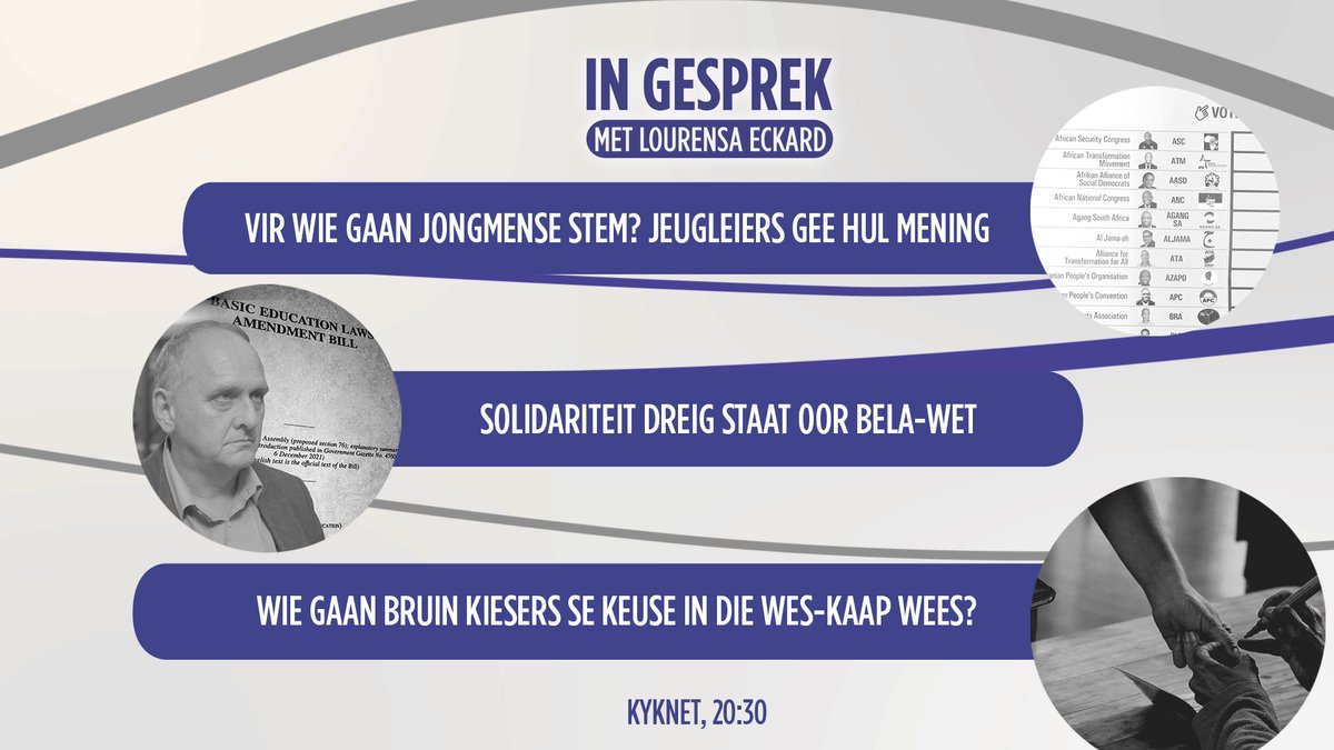Vanaand op In Gesprek: ons gesels oor jongmense se stem; fokus op die Bela-wet, en bespreek wie bruin kiesers se keuse in die Wes-Kaap gaan wees. Skakel 20:30 in op <a href="/kykNETtv/">kykNET TV</a>.
