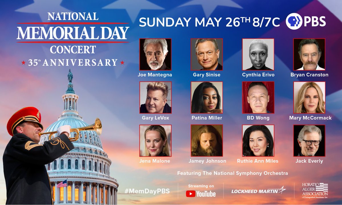 Tony Award-winner @JoeMantegna & @TheEmmys Award-winner @GarySinise  return to host the 35th annual National Memorial Day Concert, with a talented ensemble cast paying tribute to America's fallen heroes. Join us Sunday, May 26th, 8/7c, only on #PBS @LockheedMartin @HoratioAlgerUS