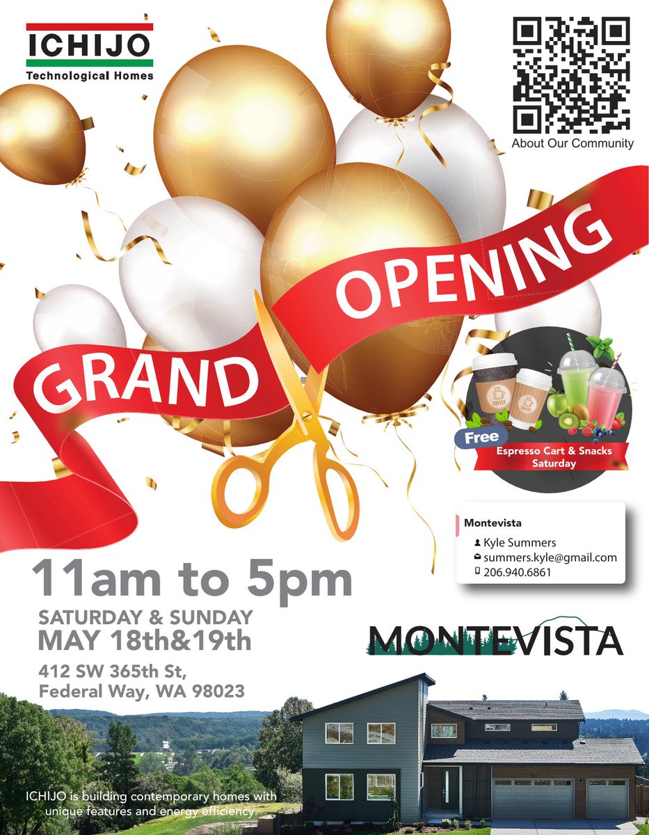 Grand Opening Weekend May 18th and 19th 11am to 5pm at Montevista in Federal Way, WA! Join us for an espresso and snack and check out Ichijo's beautiful energy efficient contemporary homes with unique proprietary features! ichijousa.com/communities/mo…