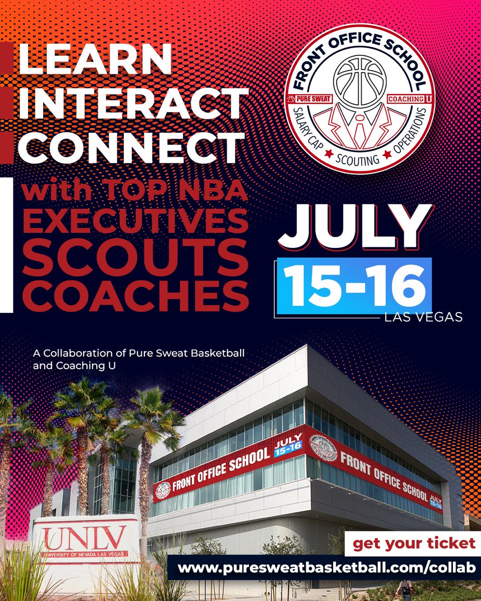 We are thrilled to finally announce that the 2024 Front Office School will be held in the backdrop of the NBA Summer League on the beautiful campus of UNLV! 📅 July 15-16 Secure your ticket before the prices go up soon: hubs.li/Q02w9vqX0