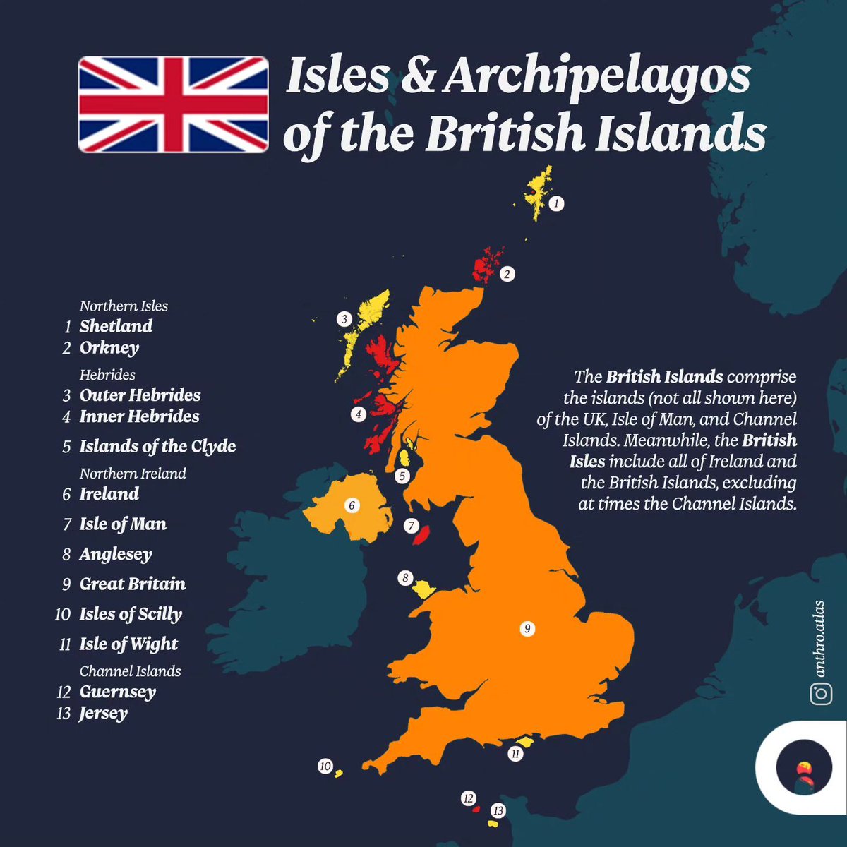 Las “Islas Británicas” es un término que se refiere a las islas del Reino Unido de Gran Bretaña e Irlanda del Norte, así como a las dependencias de la Corona Británica de la Isla de Man, Bailiwick de Guernsey y Bailiwick de Jersey. 

Fuente: anthro.atlas

#mapas #islasbritanicas