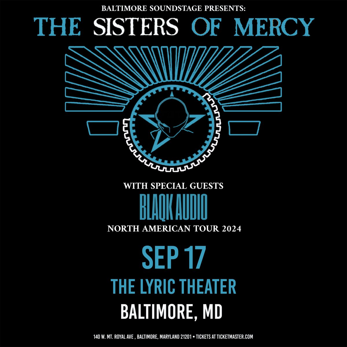 JUST ANNOUNCED! Post-punk legends The Sisters Of Mercy at the historic Lyric Theater Baltimore on Sep 17th with special guests @blaqkaudio! Presale tix on sale this Wed at 10am using code SOUNDSTAGE: hive.co/l/3vgg39