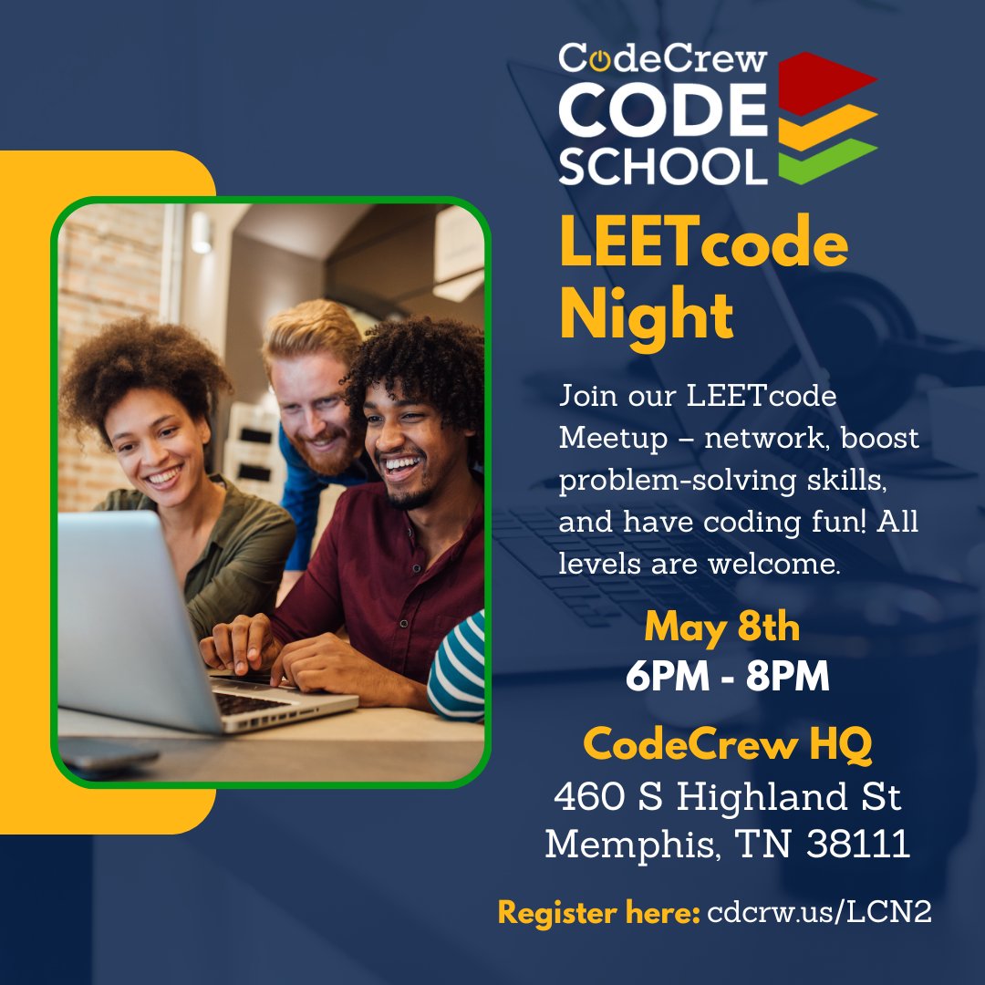Calling all tech wizards and novice coders alike! 🚀 Join us for LEETcode Night hosted by CodeCrew Code School. Time to challenge your skills and venture deeper into the software development realm! Register now: cdcrw.us/LCN2