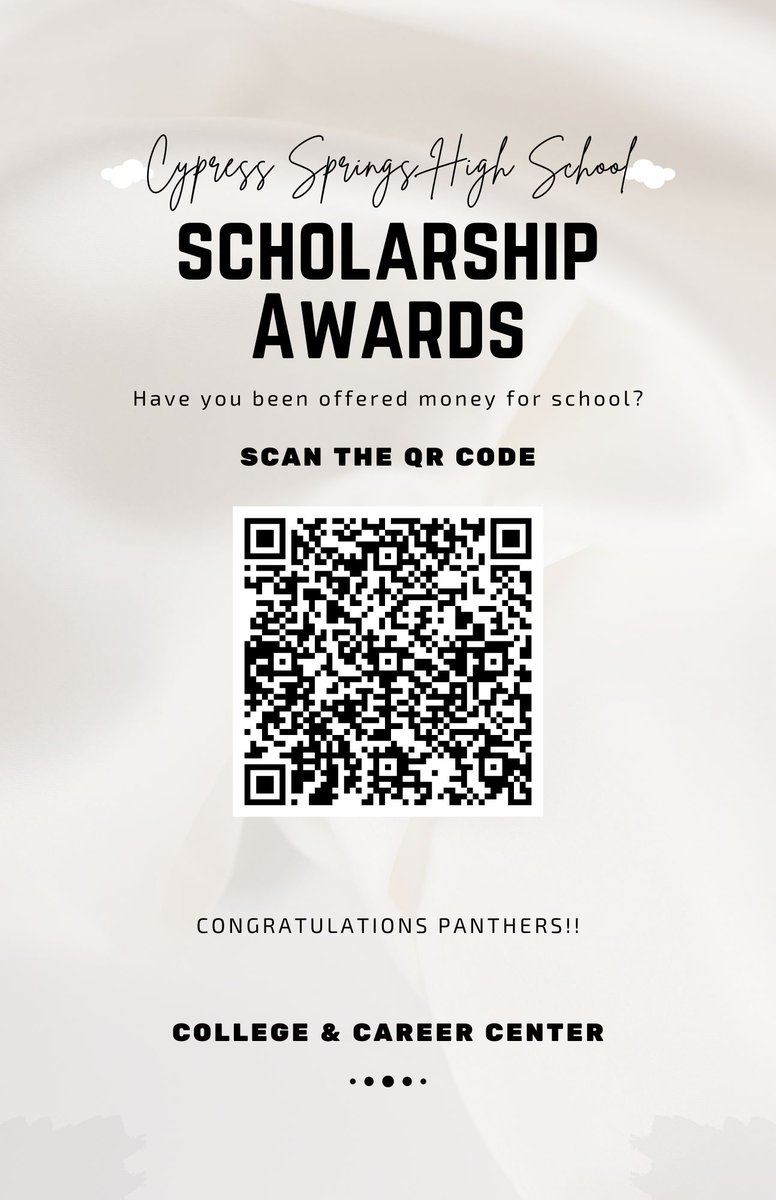cyspringsccs's tweet image. CSHS Class of 2024!

Be loud, Be proud, and share your scholarship awards!  Please scan the attached QR Code and share the scholarships you have been awarded with us.

Kind regards,