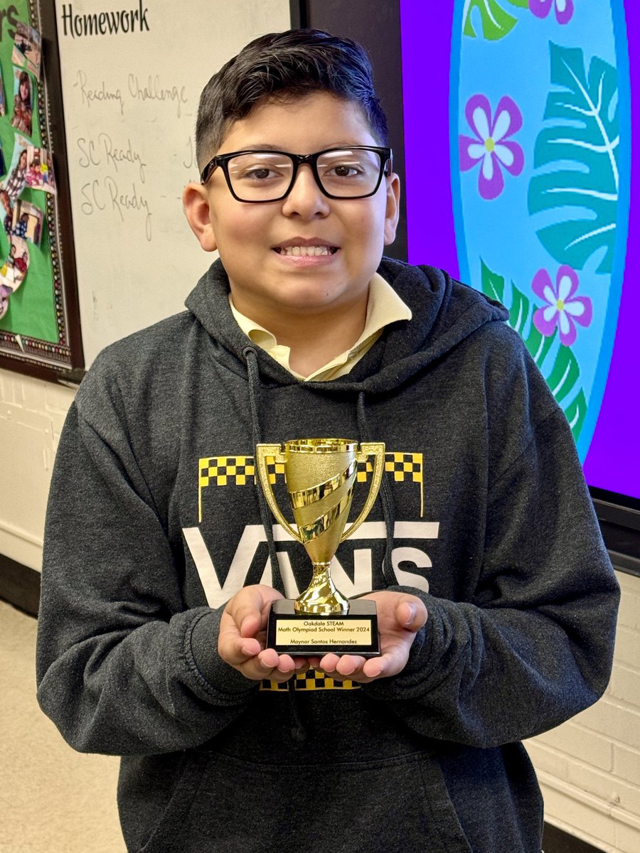 Congratulations to our ⁦@STEAMatOakdale⁩ Math Olympiad winner! I am very proud of the work he did to achieve his goal!