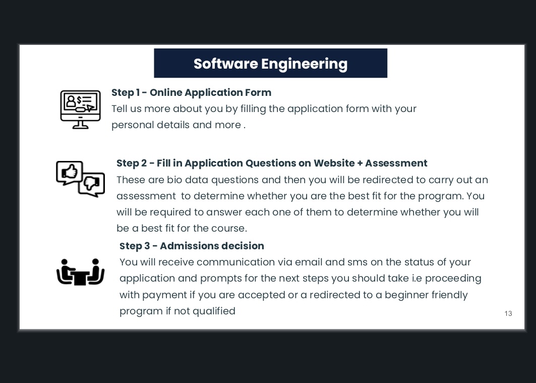 So, it's exactly a month to the next cohort of software engineering at Moringa School starting on 3rd June. Are you wondering process ya kuenroll to learn these tech skills ni gani? Here is a detailed guide on the 3 steps. Anza na the online application form in the below tweets👇