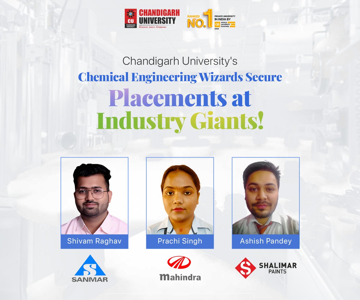 We're bursting with pride to announce that three of our brilliant #ChemicalEngineering students, Shivam Raghav, Ashish Pandey, and Prachi Singh, have clinched coveted placement opportunities as Graduate Engineer Trainees (GET) at Sanmar #Engineering Technologies Ltd, Shalimar…