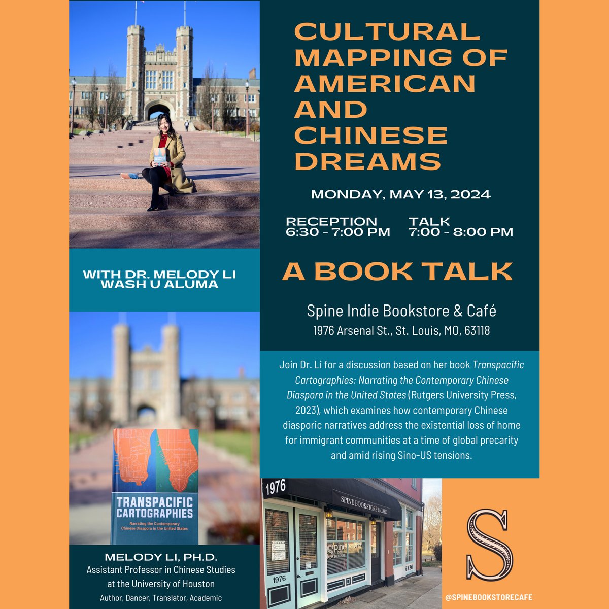 Melody Yunzi Li, author of 'Transpacific Cartographies: Narrating the Contemporary Chinese Diaspora in the United States' will be speaking about her book. Spine Indie Bookstore and Cafe St.Louis, MO Monday, May 13 at 7 pm spinebookstorecafe.com #ChineseDiaspora
