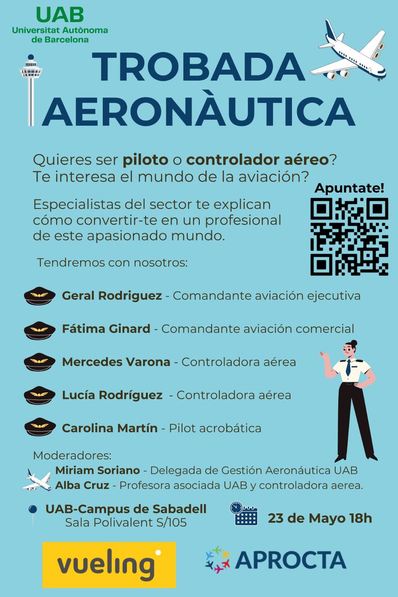 🚀Trobada aeronáutica No os perdáis la primera edición de la 'Trobada aeronáutica' que organizamos en @Aprocta con @vueling y la Universidad Autónoma de Barcelona @UABBarcelona. 📅23 mayo - 18h 📍UAB-Campus de Sabadell, Carrer Emprius 2. Sala Polivalent S/105 ¡Inscríbete! ⬇️