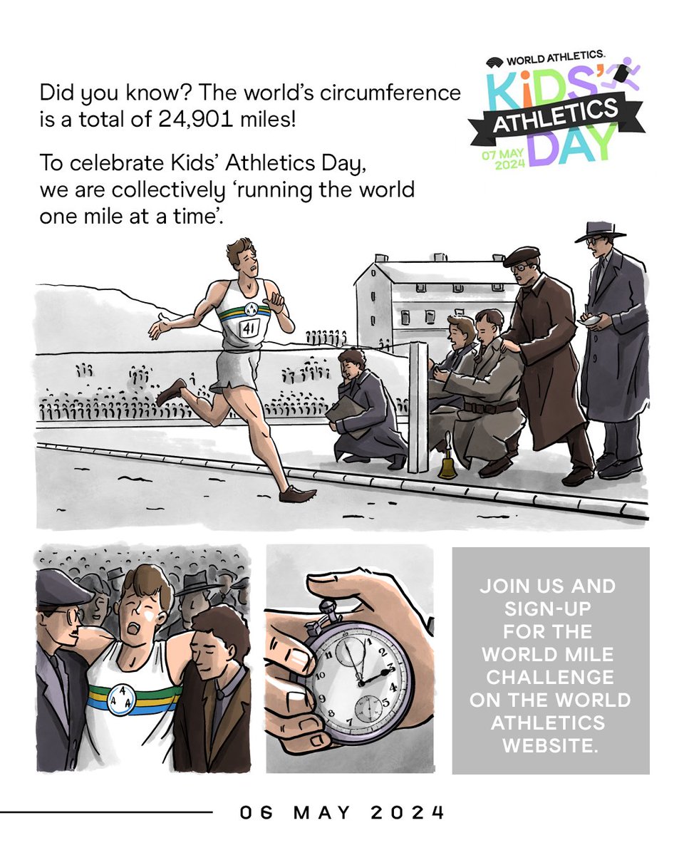 On this day 70 years ago, Sir Roger Bannister became the first man to break 4 minutes in the mile. To celebrate that milestone, we’re collectively running ‘the world one mile at the time’ on Kids’ Athletics Day. Register your miles here⬇️ worldmilechallenge.com