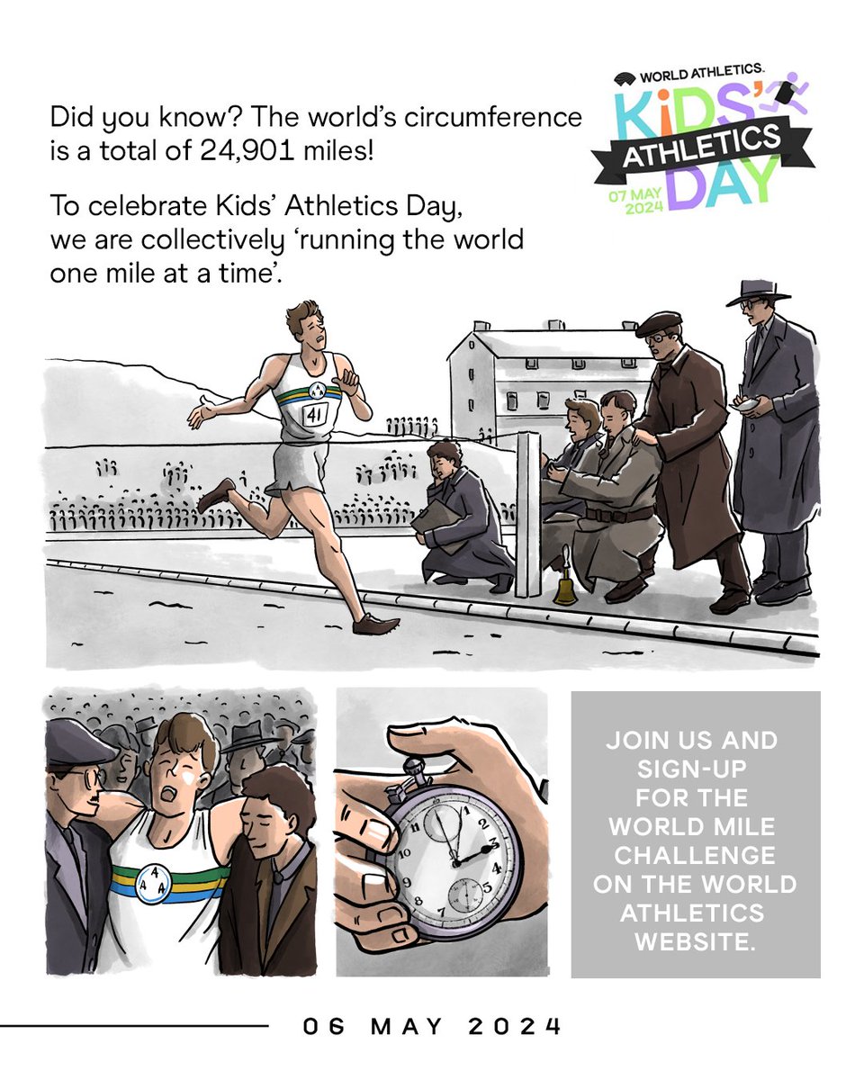 On this day 70 years ago, Sir Roger Bannister became the first man to break 4 minutes in the mile.

To celebrate that milestone, we’re collectively running ‘the world one mile at the time’ on Kids’ Athletics Day.

Register your miles here⬇️

worldmilechallenge.com