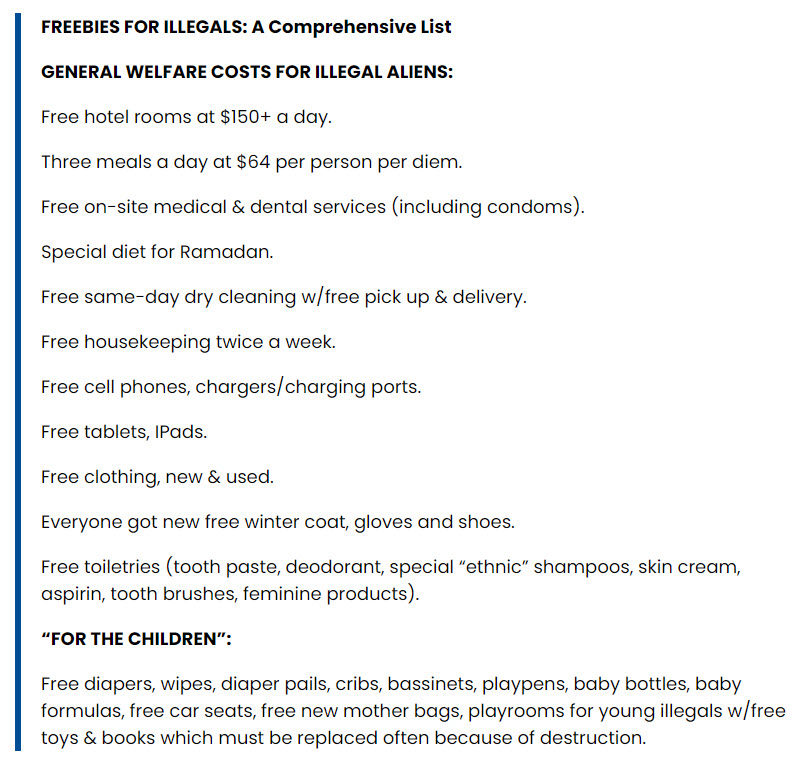 ICYMI:
List of some of the taxpayer-funded 'freebies' that the #Biden regime & Democrat #IllegalAlien embracers GIVE to thousands, perhaps millions, of #IllegalImmigrants. How do LEGAL immigrants, our military veterans, US taxpayers feel about Biden's disgraceful preferences?