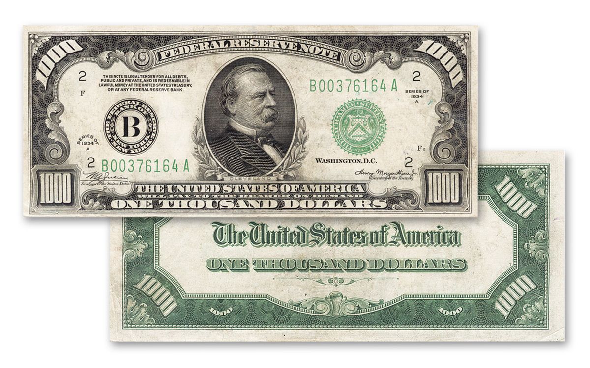 @LittleAlphaPup Numismatist here. Nice souvenir of the $1000 bill. The seals were made always with green ink and the serial number, and the whole reverse as well. Since this is intaglio printing, the design was engraved into metal and pressed into the paper. This lets you 'feel' the ink.