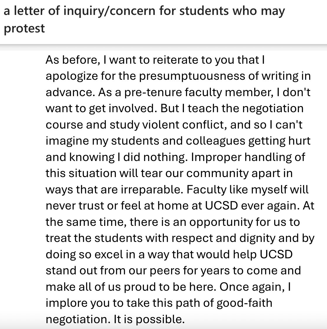 This morning, UCSD sent in riot police to violently remove students. Below is the letter I sent Chancellor Khosla yesterday urging against this action. The protests are 100% peaceful. Leadership is endangering student safety as a show of force to appease donors. 1/