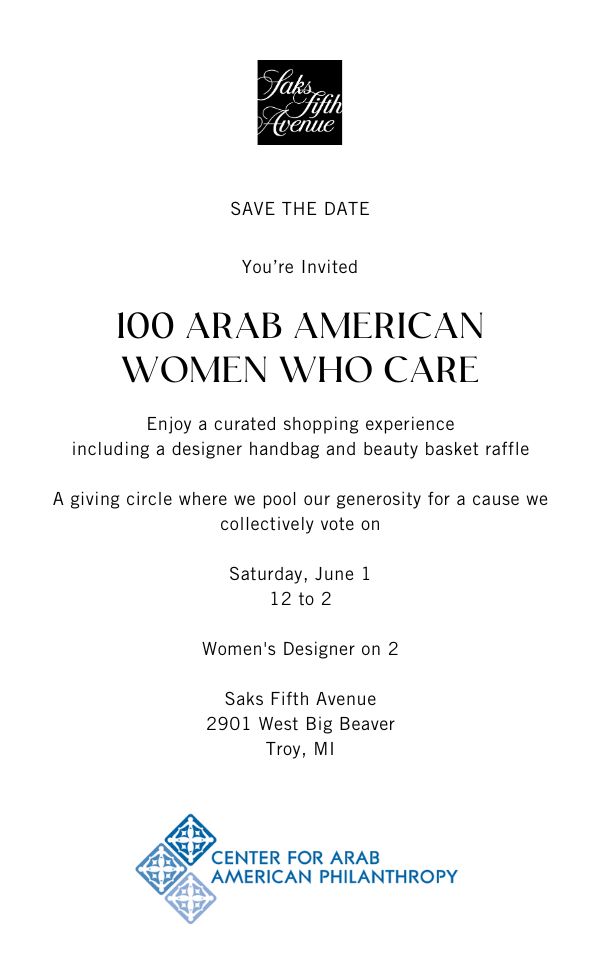 Join us for Michigan’s 11th-annual 100 Arab American Women Who Care giving circle, where we come together to show what’s possible when we combine our giving power for a cause we collectively vote on! ❤️Register at centeraap.org/events/100-ara…