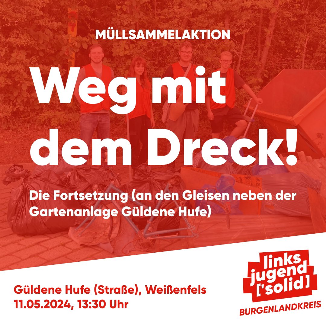 +++ Weg mit dem Dreck (Teil 2) +++

Wer mitmachen möchte, findet uns 13:30 Uhr nahe der Straße Güldene Hüfe an der Kurve neben dem Feld und den Gleisen. Handschuhe, festes Schuhwerk, sowie Greifer müssen Interessierte selbst mitbringen. Müllbeutel werden gestellt ♻️🗑️ 1/4