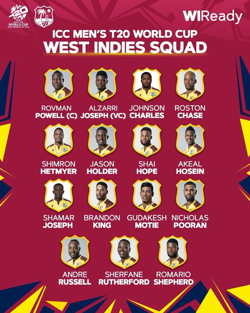 #ICYMI The 2024 West Indies Men’s T20 World Cup Squad 🌴🏆
#Rally