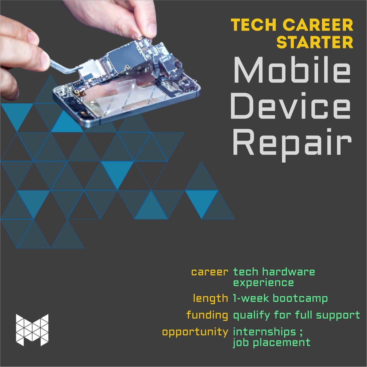 Starting June 10th --- Mobile Device Repair Bootcamp!

Jumpstart a career in technology field. Get job experience. Internships available. Quick coursework and certification process.

Get More Info Here  👉👉👉 ow.ly/oXbQ50RsG06