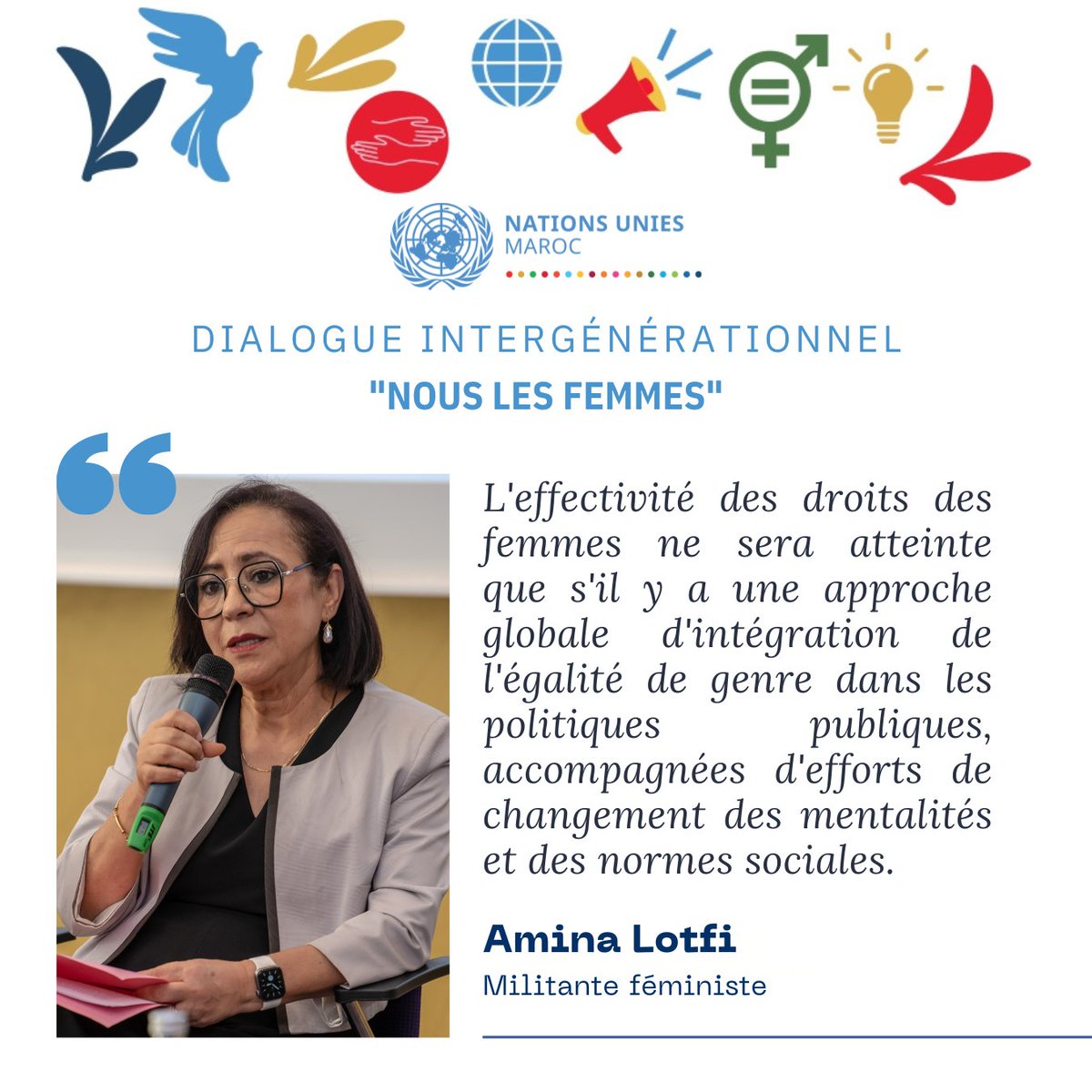 Extrait de l'intervention de Mme Amina Lotfi lors du dialogue intergénérationnel #nouslesfemmes sur les priorités et perspectives d'avenir des femmes et des filles dans le cadre du #sommetdelavenir. 
Plus : shorturl.at/hjwDZ

#wethewomen #pactforthefuture #summitofthefuture