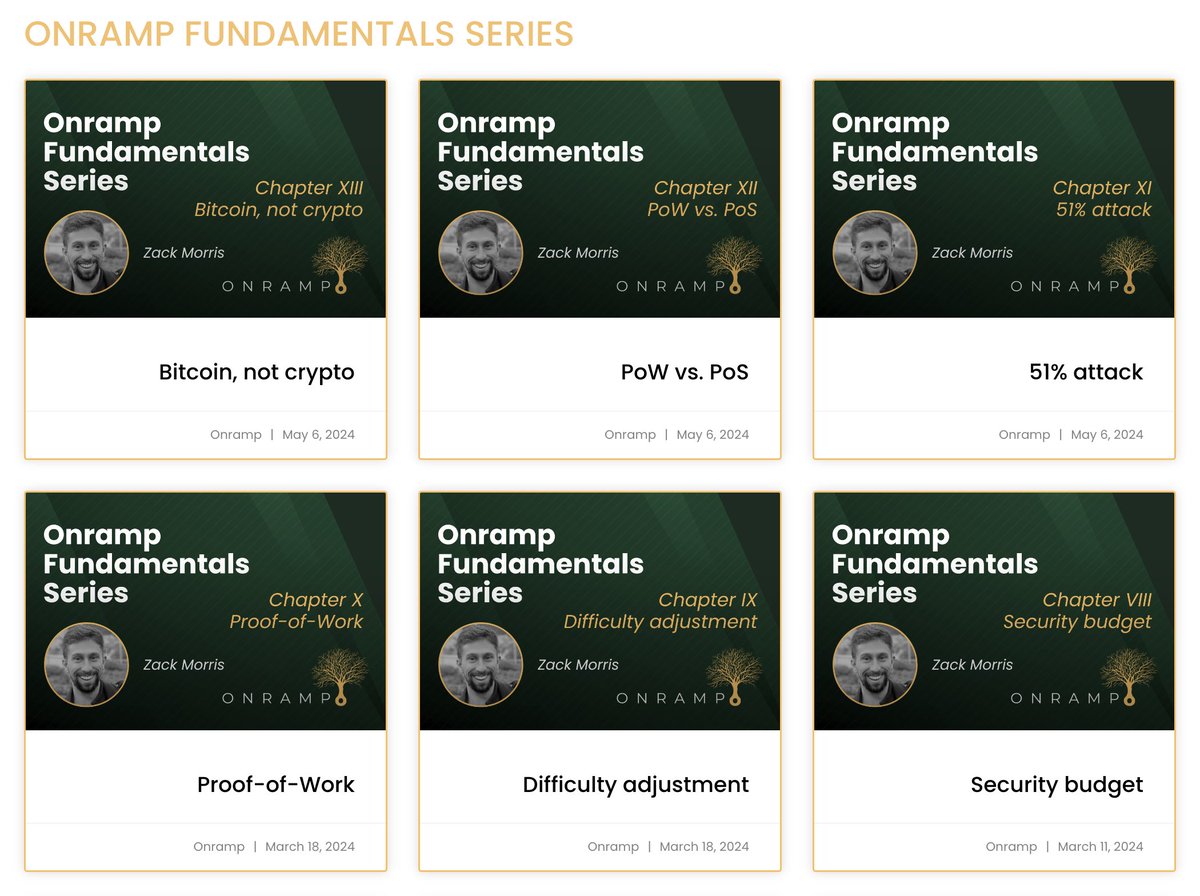 The Onramp Fundamentals Series is an approachable resource for colleagues, friends, & family beginning to delve into the multidisciplinary topic of bitcoin.

Chapters released today:

~ 51% attack ~
~ PoW vs. PoS ~
~ Bitcoin, not crypto ~

First thirteen chapters linked below 👇