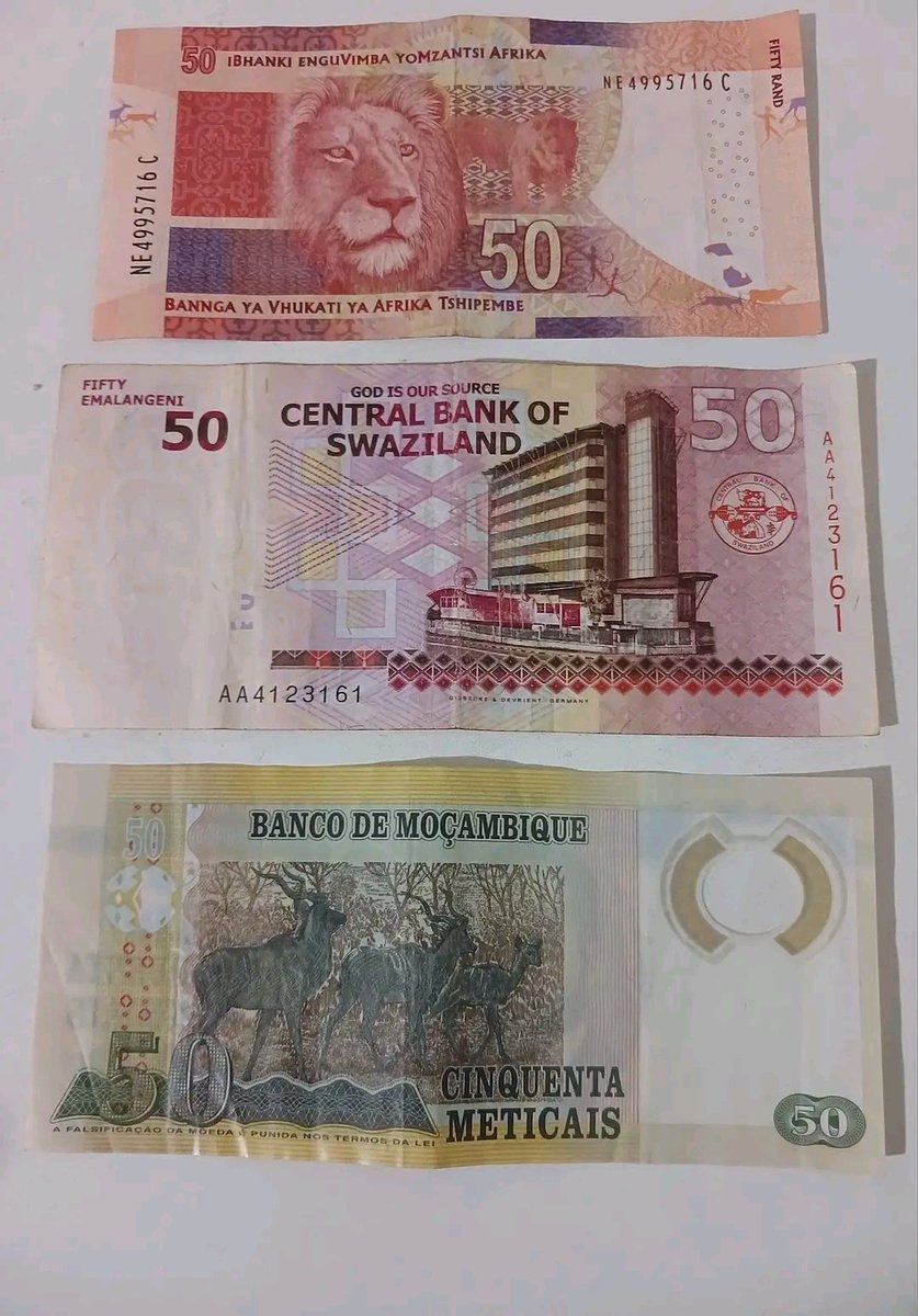 This is what 3 different countries 50 Notes look like.

First 50 note is from South Africa It is a R50.00 
Second 50 note is from Eswatini. It is an E50
Third 50 note is from Mocambique. It is a MT 50