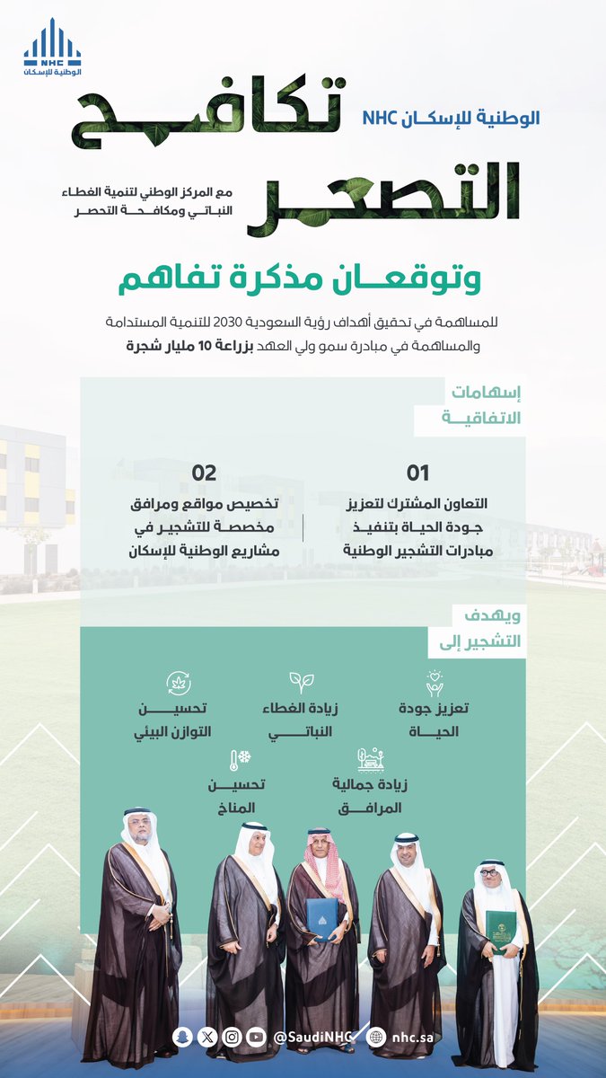 وقعت #الوطنية_للإسكان مذكرة تفاهم مع @ncvcksa لتعزيز التنمية المستدامة، بتوفير مساحات للتشجير في الضواحي والمجتمعات العمرانية، وذلك لتعزيز الحياة البيئية وجمالية المرافق.