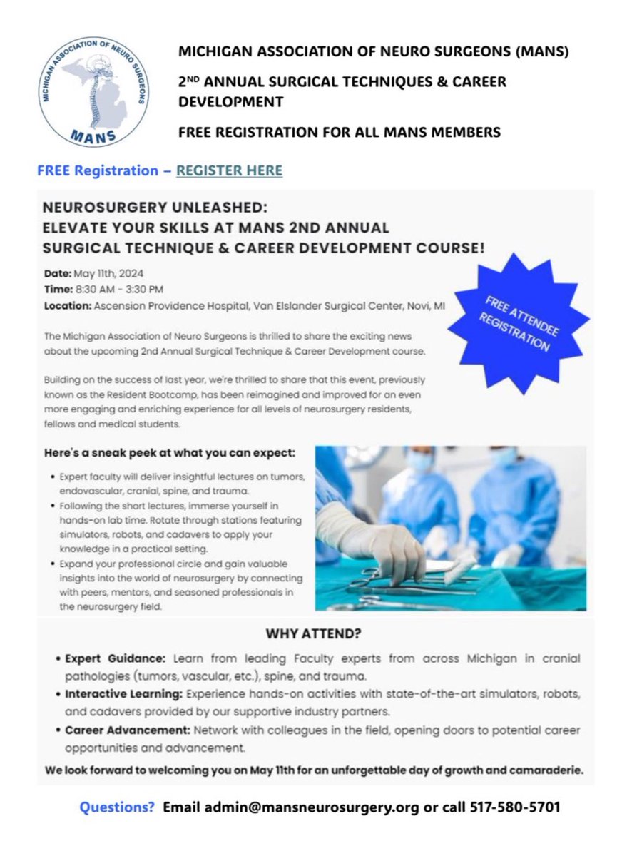 We are excited for this upcoming event that is scheduled for Saturday May 11th, 2024. The MAN’s annual Surgical techniques and career development event is open to all residents and medical students. See you all on Saturday! 

Register: mansneurosurgery.org/surgical-techn…

#medX #neurosurgery