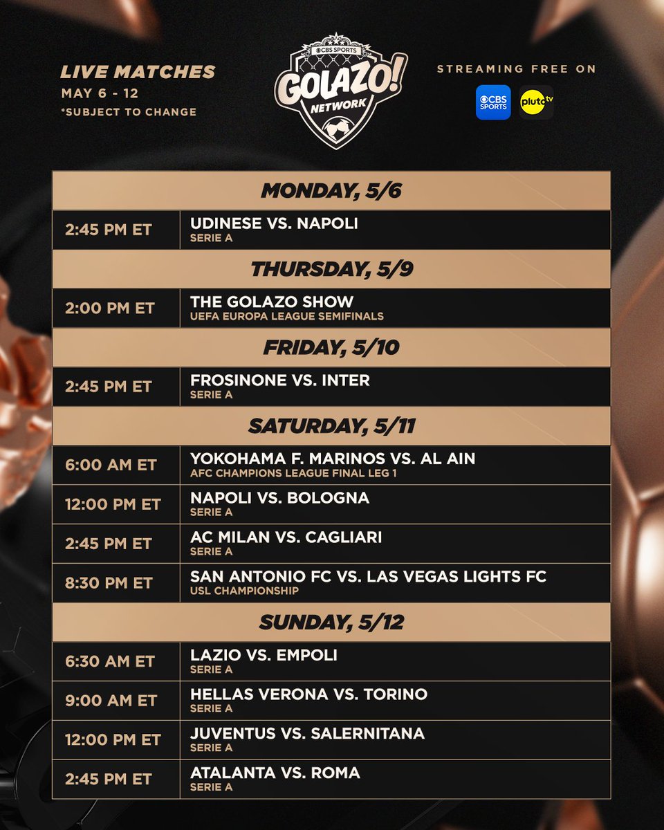 The Europa League Semifinal edition of The Golazo Show, the AFC Champions League Final, USL Championship and eight Serie A contests highlight free live matches on CBS Sports Golazo Network this week. Watch every match plus Morning Footy, Box 2 Box,…