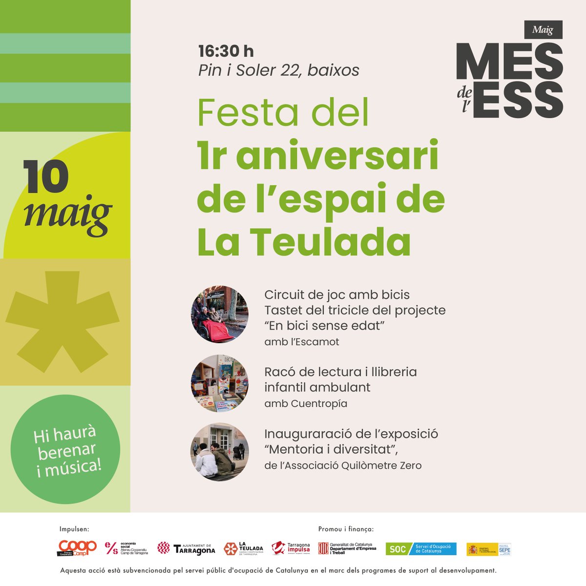 🎉Dins els actes del #MesDelESS, celebrem el primer aniversari de l’espai de @la_teulada. 📯Serà aquest divendres, amb una festa al carrer pensada per a tota la família amb propostes de l'@escamotcoop, la cooperativa #Cuentropia i @AQZTgn Us hi esperem! 🚲📚