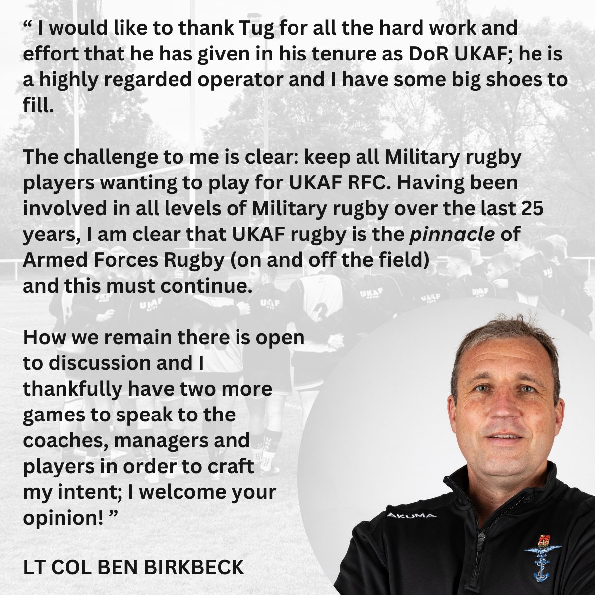 UKAFRugby's tweet photo. 𝗗𝗶𝗿𝗲𝗰𝘁𝗼𝗿 𝗼𝗳 𝗥𝘂𝗴𝗯𝘆 𝗛𝗮𝗻𝗱𝗼𝘃𝗲𝗿 🤝

We can announce Lt Col Ben Birkbeck as our new Director of Rugby with WO Tug Wilson MBE handing over the reins after 4 years in post and over 2 decades supporting UK Armed Forces Rugby Union 🫡

Thank you Tug!! https://t.co/nDmpM1ijlj