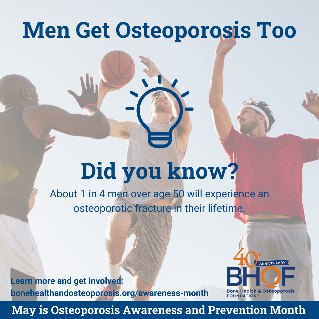 Did you know that men 50+ are more likely to break a bone due to #osteoporosis than they are to get prostate cancer? Learn more & get resources to promote bone health during May's Osteoporosis Awareness & Prevention Month: bonehealthandosteoporosis.org/awareness-month #OAPM2024 #OsteoporosisAwareness