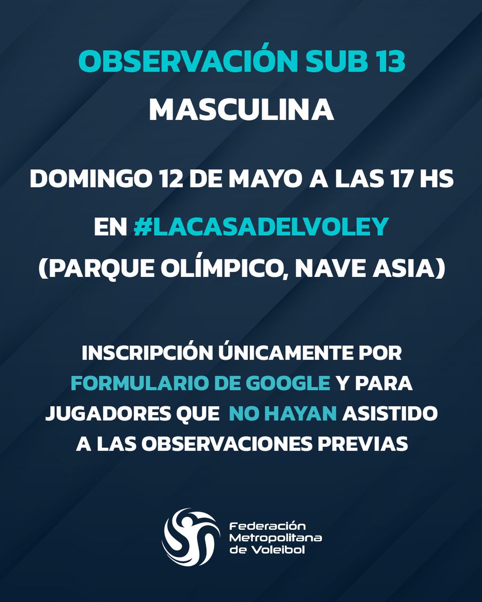 Tercera y última Observación de jugadores Sub13 🏐 El domingo 12 de Mayo a las 17 hs los esperamos en #LaCasaDelVoley 💪🏼 Inscripción únicamente por formulario y para jugadores que NO HAYAN ASISTIDO a las observaciones previas (pedile a tu profe que te anote) 🤗 #VamosMetro