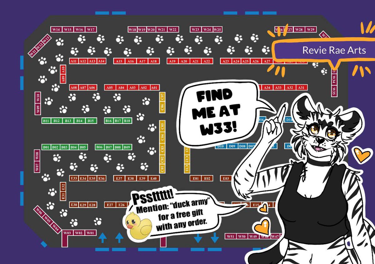 A quick doodle of where to find me at ConFuzzled. I’ll be at W33 at the back of the den selling tote bags, prints, badges, commissions and more. #confuzzled #cfz #dealerden #furrycon #furryartist #furries #furryfandom #cfz24 #confuzzled2024 @CFzDealers