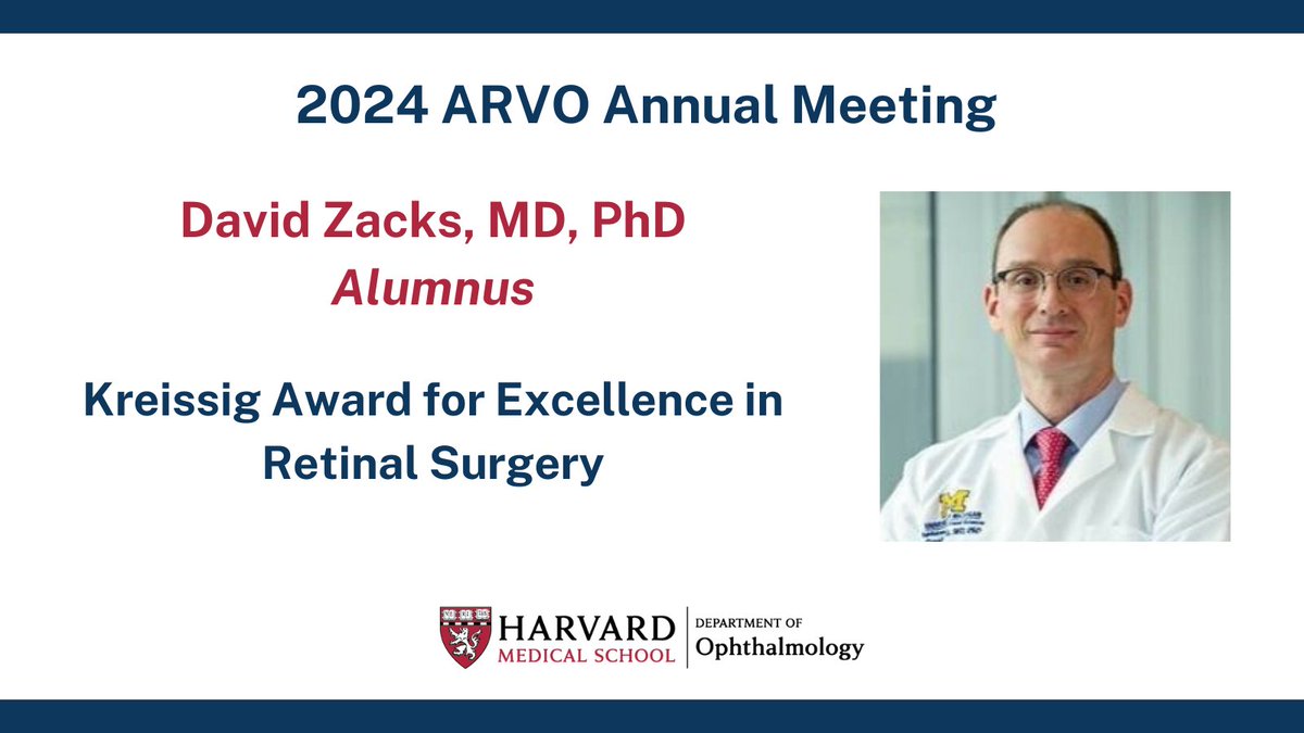 Congratulations to alumnus Dr. David Zacks, recipient of the @ARVOinfo Kreissig Award for Excellence in Retinal Surgery! #ARVO2024 @UMKelloggEye