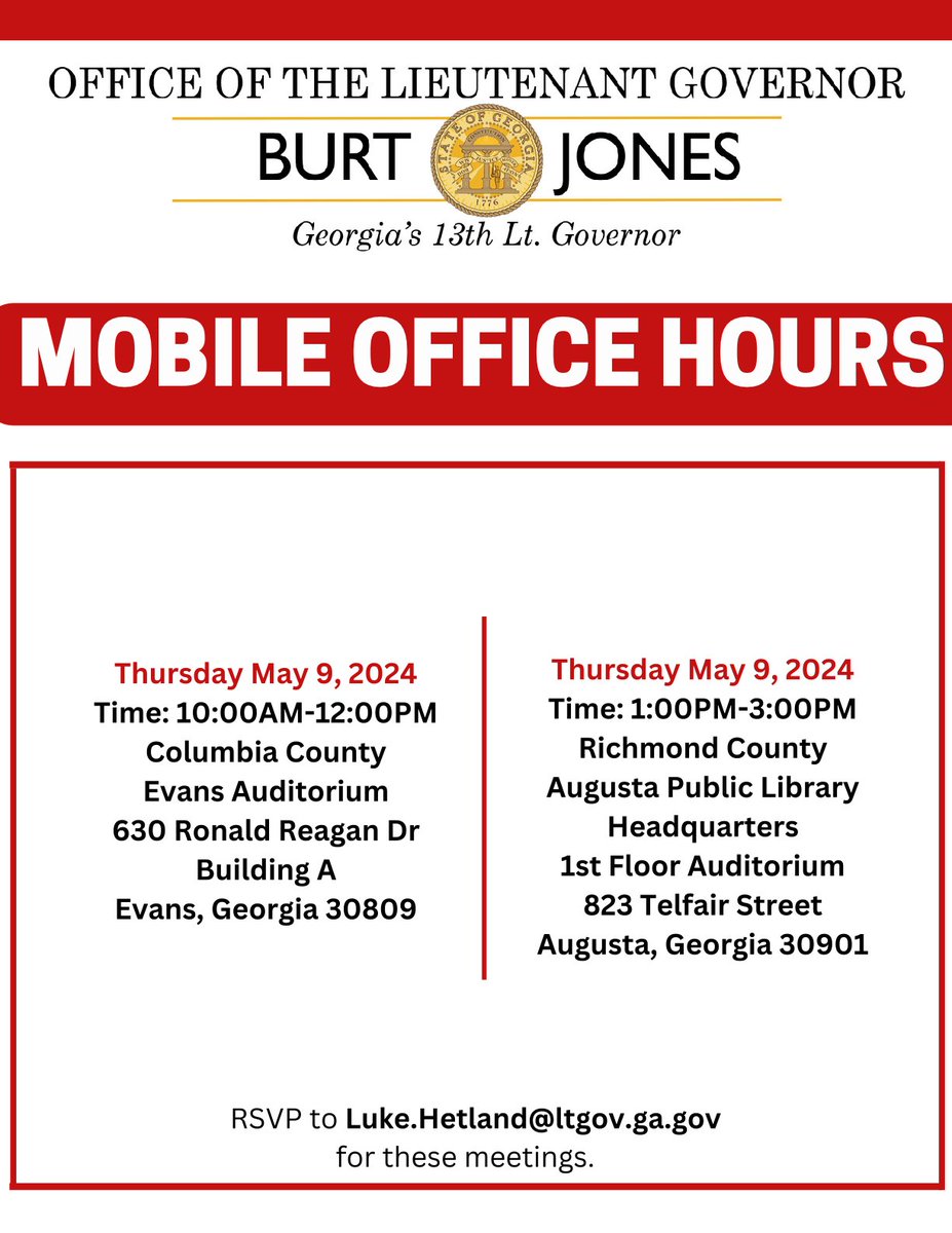 If you live in or near Columbia or Richmond counties, stop by this Thursday, May 9th, for Mobile Office Hours! Our team will be in your area to meet with you, address your questions, and find out how we can best assist your community. More info below ⬇️ #gapol