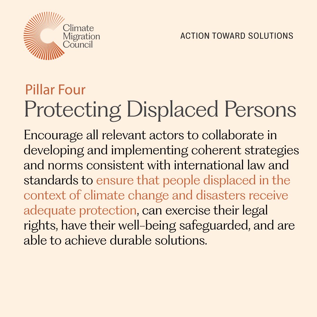 Those affected by #ClimateMigration are extremely vulnerable and it's critical that that are protected. Pillar 4: Protecting Displaced Persons. Read More: climatemigrationcouncil.org/compendium