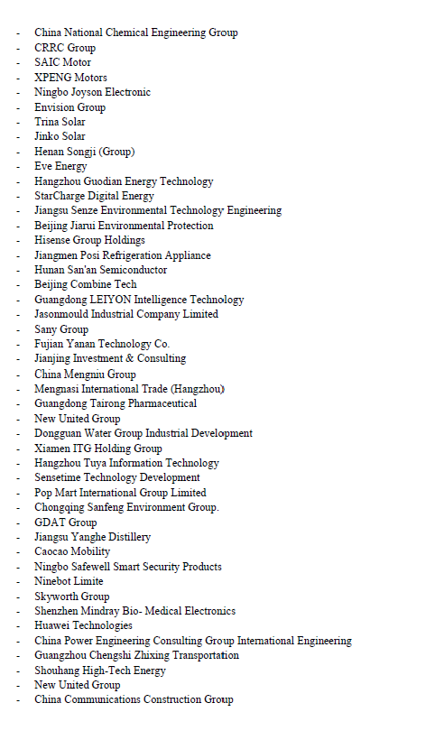 On the guest list for this evening's France-China economic meetings, a raft of Chinese companies including Huawei, ZTE, CRRC, Sensetime, Trina Solar, Jinko Solar, Xpeng, SAIC, Cosco...