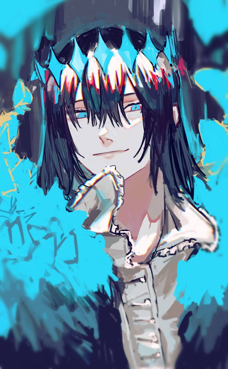 oberon (fate) ,oberon (third ascension) (fate) solo looking at viewer smile blue eyes shirt black hair 1boy  illustration images