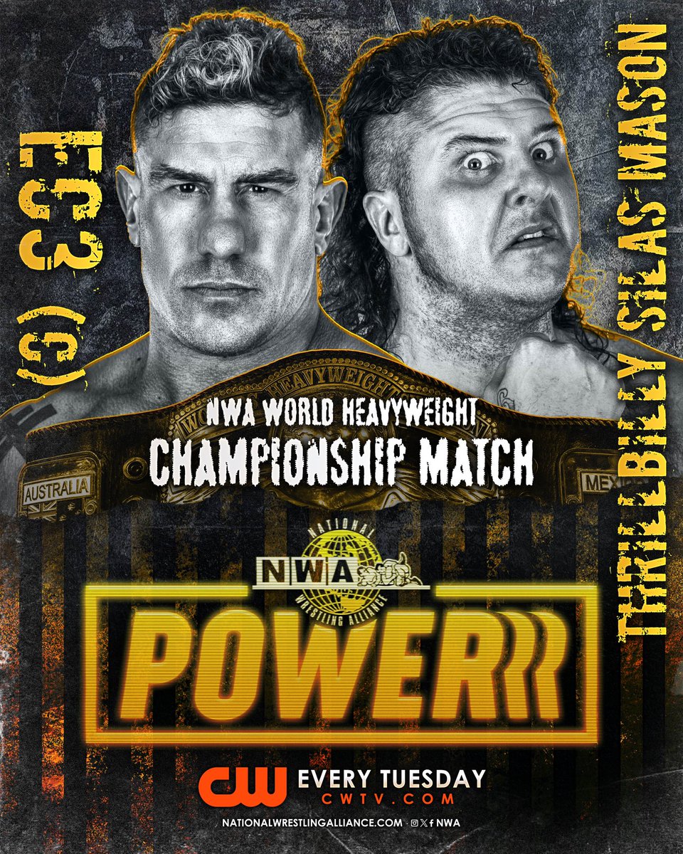 This Tuesday its a BRAND-NEW episode of @nwa Powerrr streaming exclusively on the @TheCwApp! Tune in to see the debut of AJ Francis AND the NWA World’s Heavyweight Championship being defended as Thrillbilly challenges the Over-Champ, E-C-3!