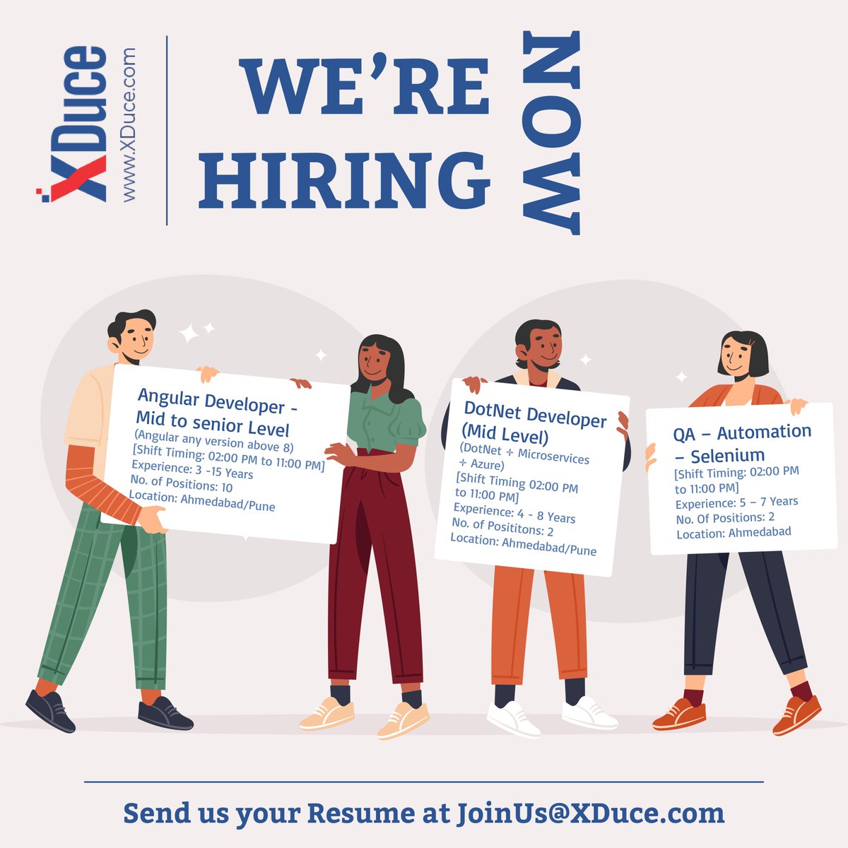 We're Hiring Now!
Check out the vacancies and apply now!

You can send your resume at JoinUs@XDuce.com.

#xduce #CurrentJobs #hiringnow #CurrentVacancies #jobopening #angulardeveloper #dotnetdeveloper #QAautomation #ITJobs #ApplyNow #trendingnow