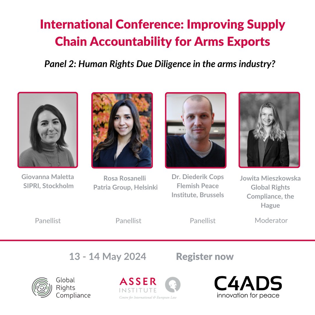 📣Panel 2 of the upcoming #conference focuses on #HRDD in the arms industry. Learn from @gio_maletta (@SIPRIorg), @RosaRosanelli (@group_patria) and @Diederik_Cops (@Vredesinstituut) w/Jowita Mieszkowska (@GRC_HumanRights) moderating. 🔗Register now: asser.nl/education-even…