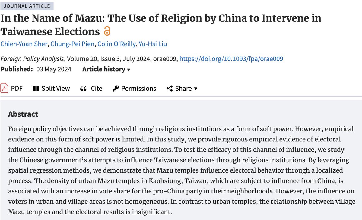 In their brand new #openaccess article 'In the Name of Mazu' Chien-Yuan Sher, Chung-Pei Pien, Colin O'Reilly, & Yu-Hsi Liu examine Chinese Government's attempts to influence Taiwanese elections through religious institutions #China #Taiwan #Elections academic.oup.com/fpa/article/20…